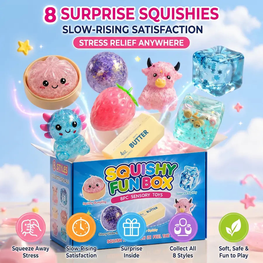 8-PIECE MYSTERY SQUISHY BOX: YOUR ANTI-STRESS TACTILE ECOSYSTEM