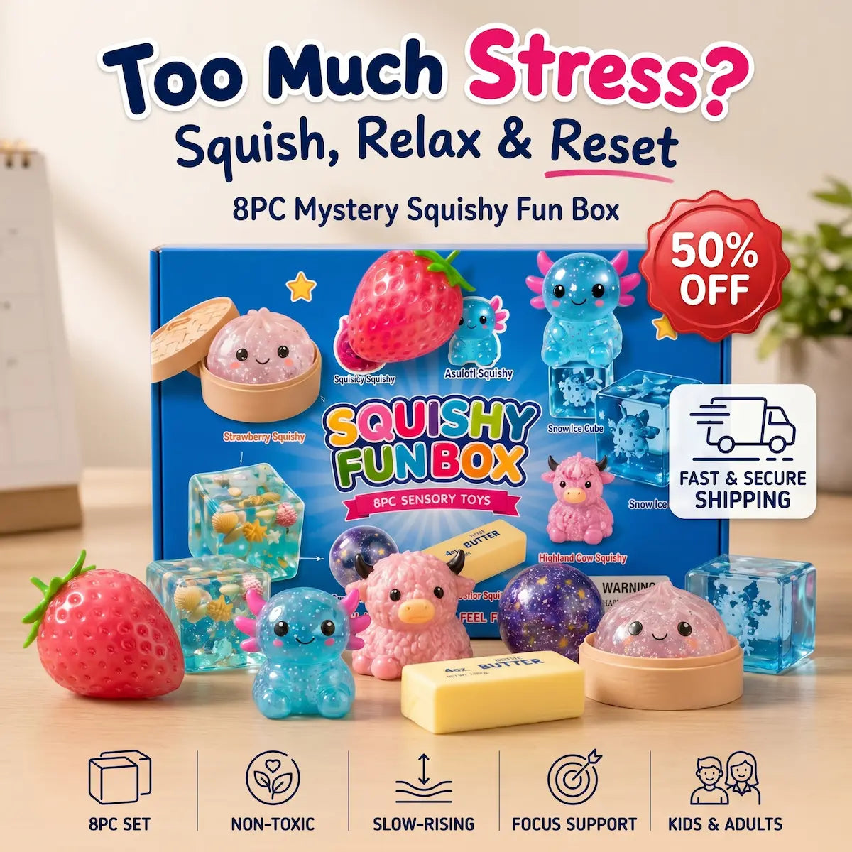 8-PIECE MYSTERY SQUISHY BOX: YOUR ANTI-STRESS TACTILE ECOSYSTEM